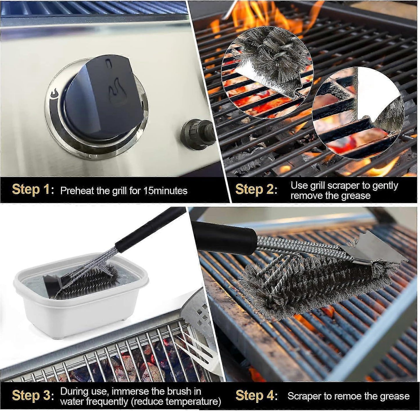 3-In-1 BBQ Grill Brush with Stainless Steel Bristles & Scraper - 45cm V1263-JX-3412