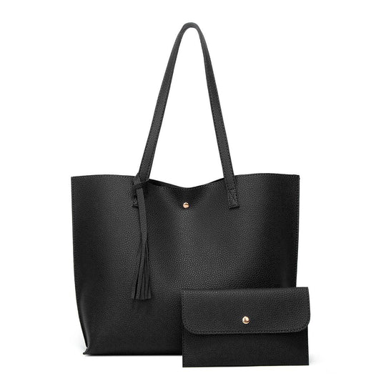 Large Women's PU Leather Handbag College Laptop Tote 2-Piece Set - Black V1263-JX-3493