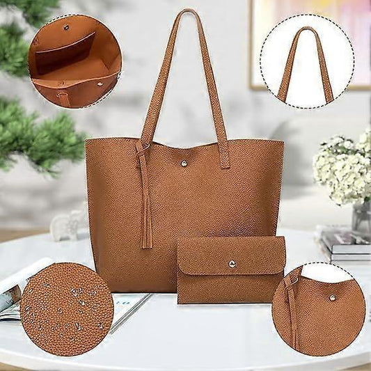 Large Women's PU Leather Handbag College Laptop Tote 2-Piece Set - Black V1263-JX-3493