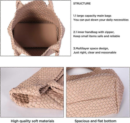 Woven Tote Bag for Women Soft Leather Handbag with Pocket V1263-JX-3496