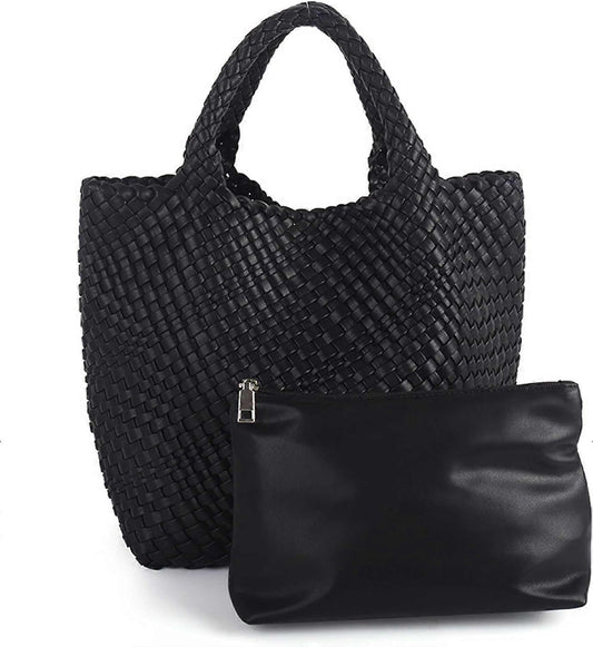 Woven Tote Bag for Women Soft Leather Handbag with Pocket V1263-JX-3497