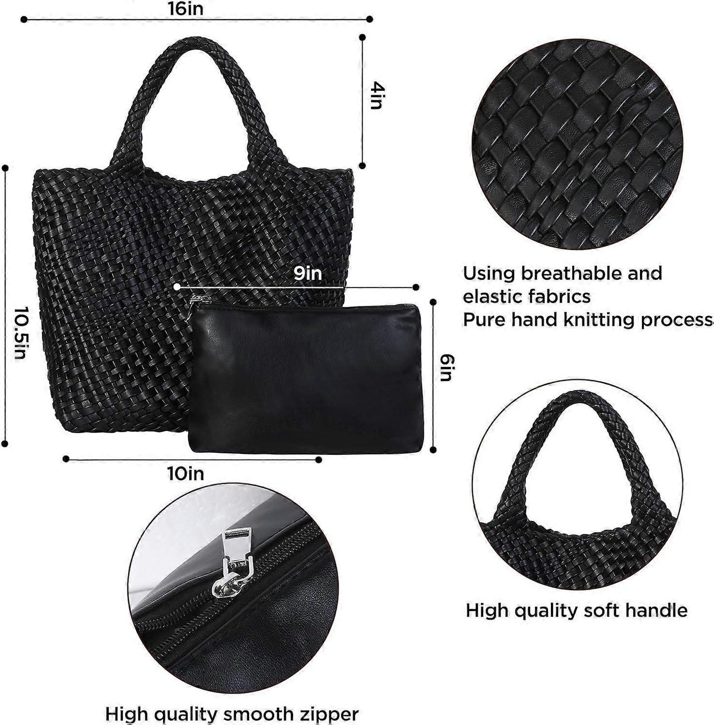 Woven Tote Bag for Women Soft Leather Handbag with Pocket V1263-JX-3497