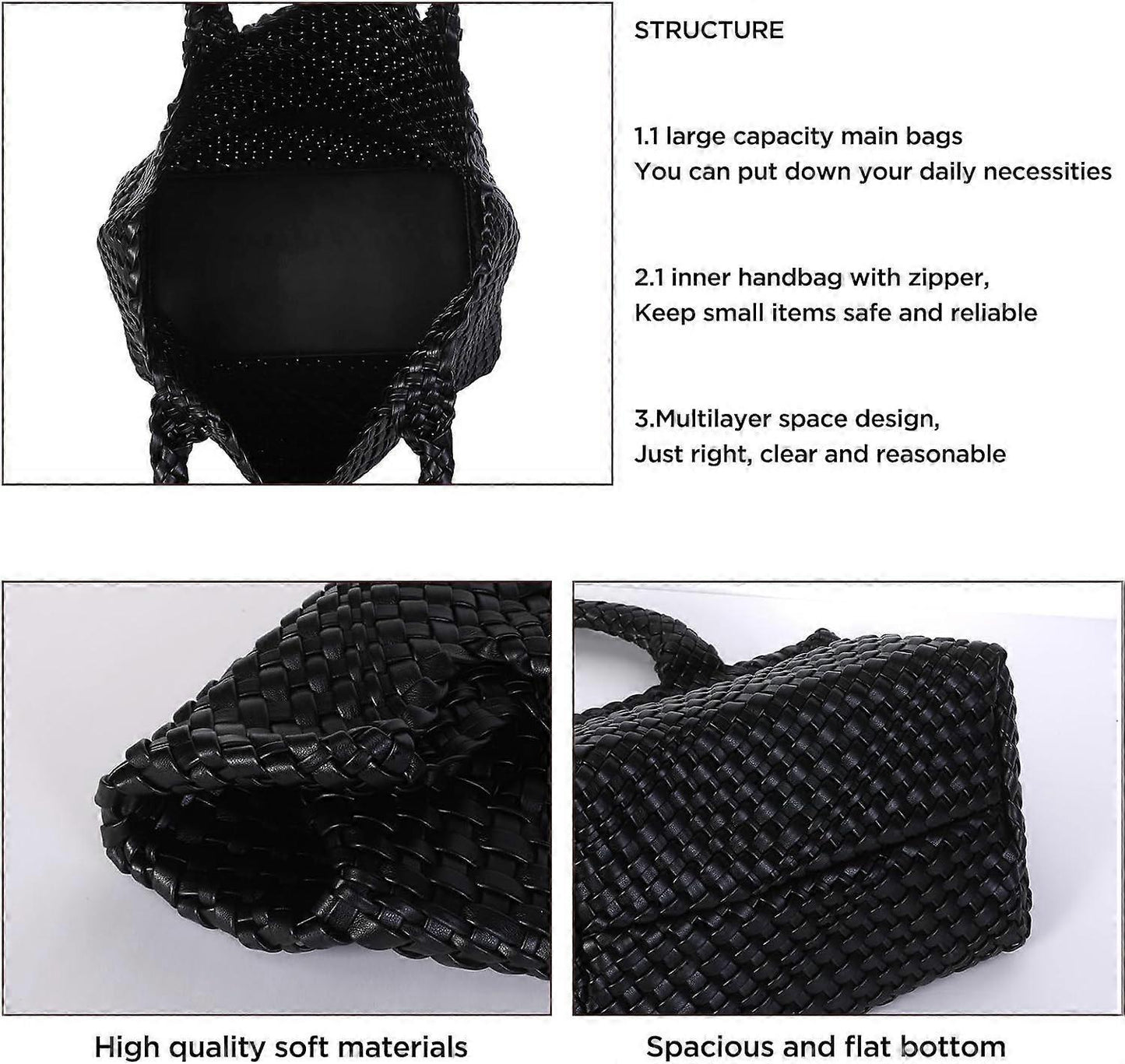 Woven Tote Bag for Women Soft Leather Handbag with Pocket V1263-JX-3497