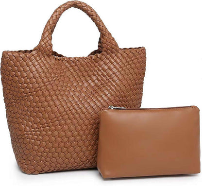 Woven Tote Bag for Women Soft Leather Handbag with Pocket V1263-JX-3498