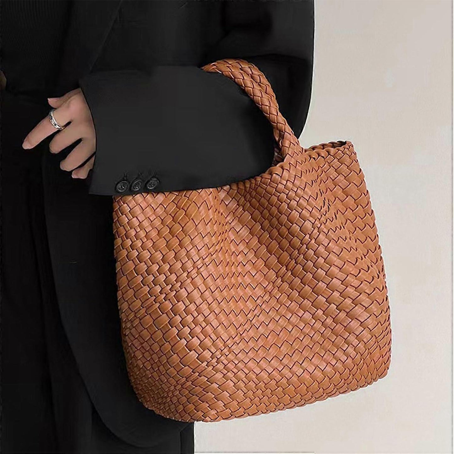 Woven Tote Bag for Women Soft Leather Handbag with Pocket V1263-JX-3498