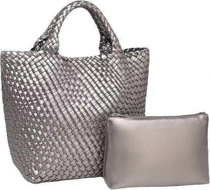 Woven Tote Bag for Women Soft Leather Handbag with Pocket V1263-JX-3499