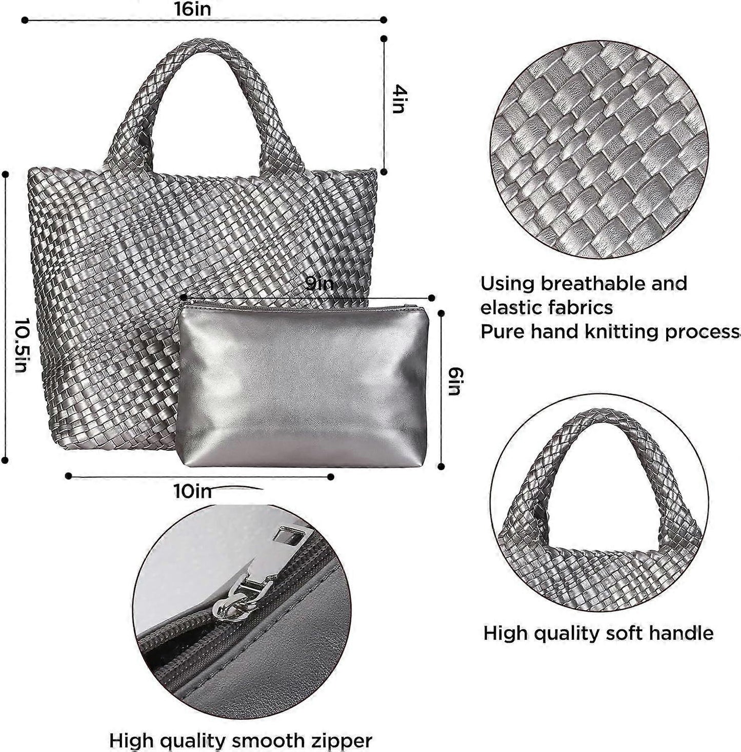 Woven Tote Bag for Women Soft Leather Handbag with Pocket V1263-JX-3499