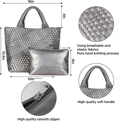 Woven Tote Bag for Women Soft Leather Handbag with Pocket V1263-JX-3499