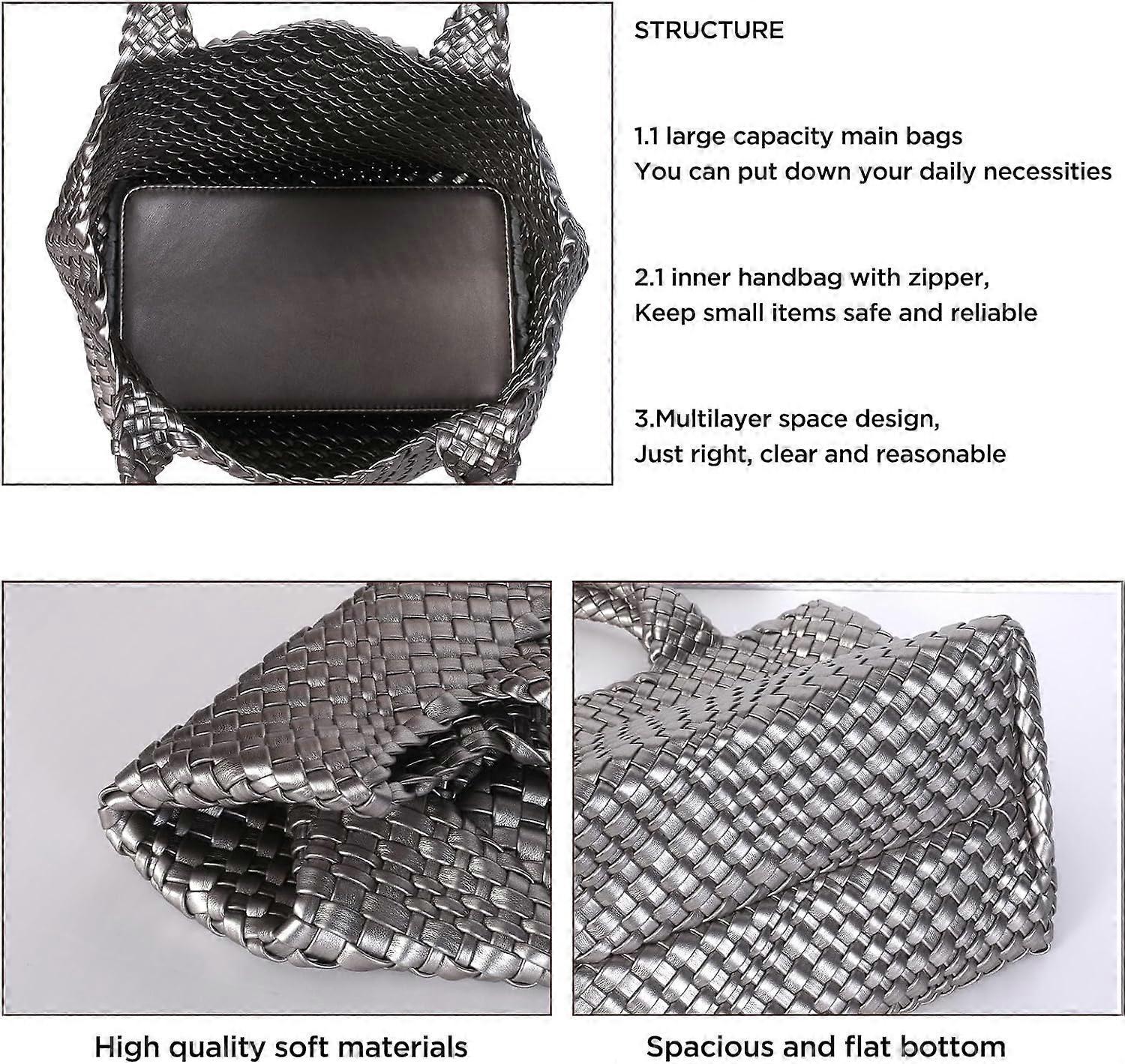 Woven Tote Bag for Women Soft Leather Handbag with Pocket V1263-JX-3499