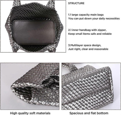 Woven Tote Bag for Women Soft Leather Handbag with Pocket V1263-JX-3499