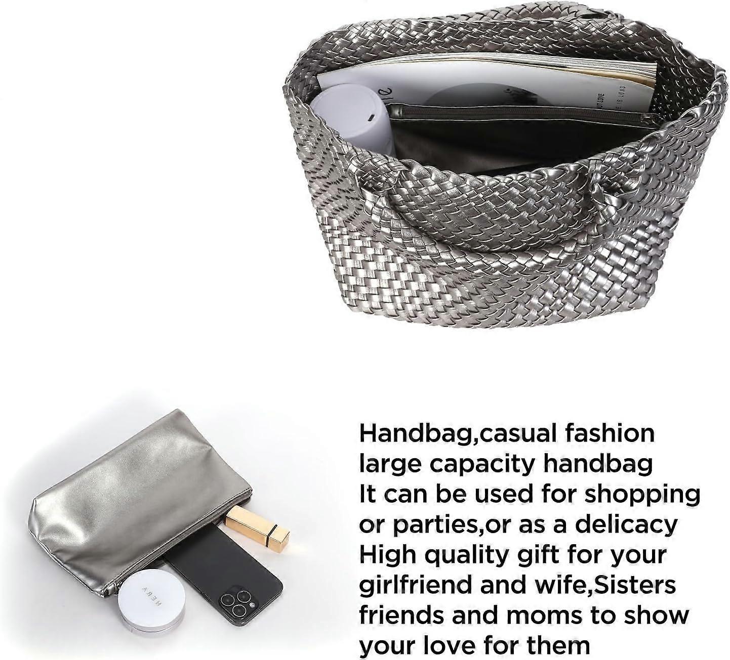 Woven Tote Bag for Women Soft Leather Handbag with Pocket V1263-JX-3499