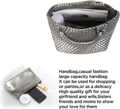 Woven Tote Bag for Women Soft Leather Handbag with Pocket V1263-JX-3499