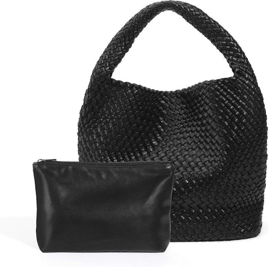 Woven Tote Bag for Women Soft Leather Handbag with Pocket V1263-JX-3500