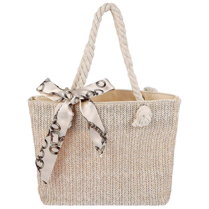 Women's Woven Tote Bag Large Beach Handbag Beige Woven Tote V1263-JX-3504