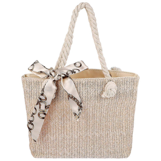 Women's Woven Tote Bag Large Beach Handbag Beige Woven Tote V1263-JX-3504