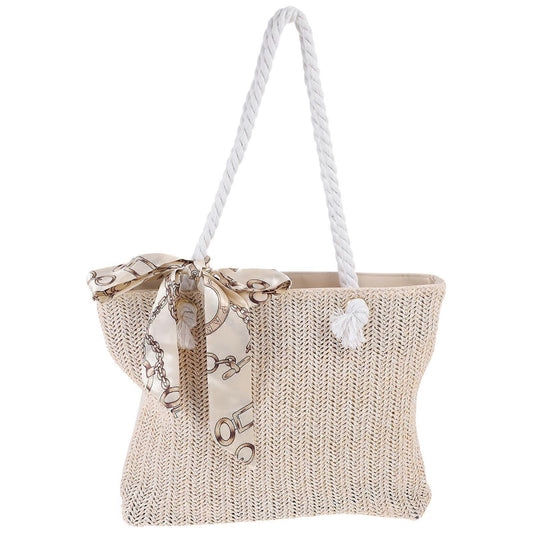 Women's Woven Tote Bag Large Beach Handbag Beige Woven Tote V1263-JX-3504