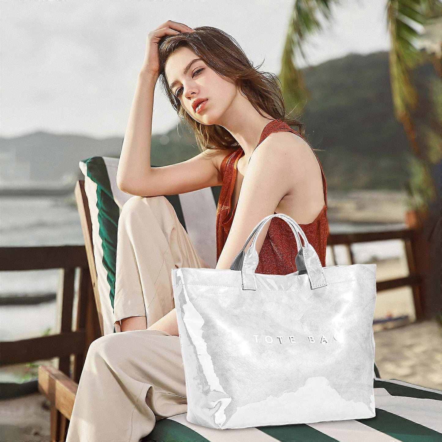 PVC Tote Bag for Women Large Fashion Solid Color Letter Print Tote V1263-JX-3505