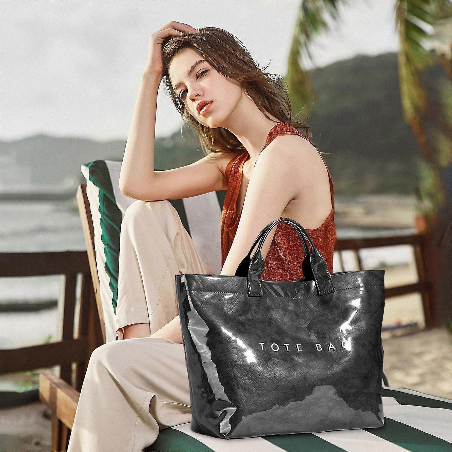 PVC Tote Bag for Women Large Fashion Solid Color Letter Print Tote V1263-JX-3507