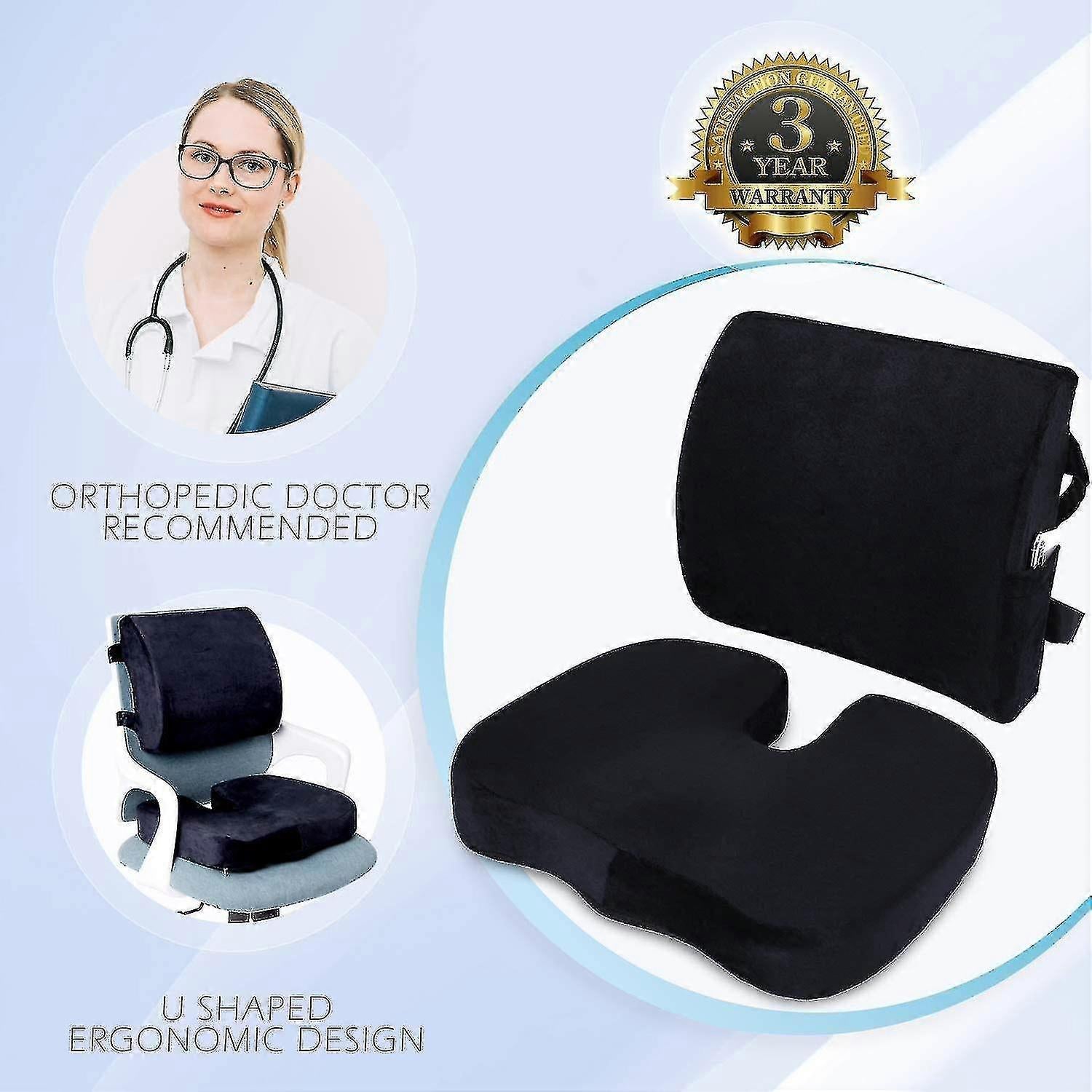 Memory Foam Seat & Back Cushion Set - Ergonomic Support for Car or Office Chairs V1263-JX-3595
