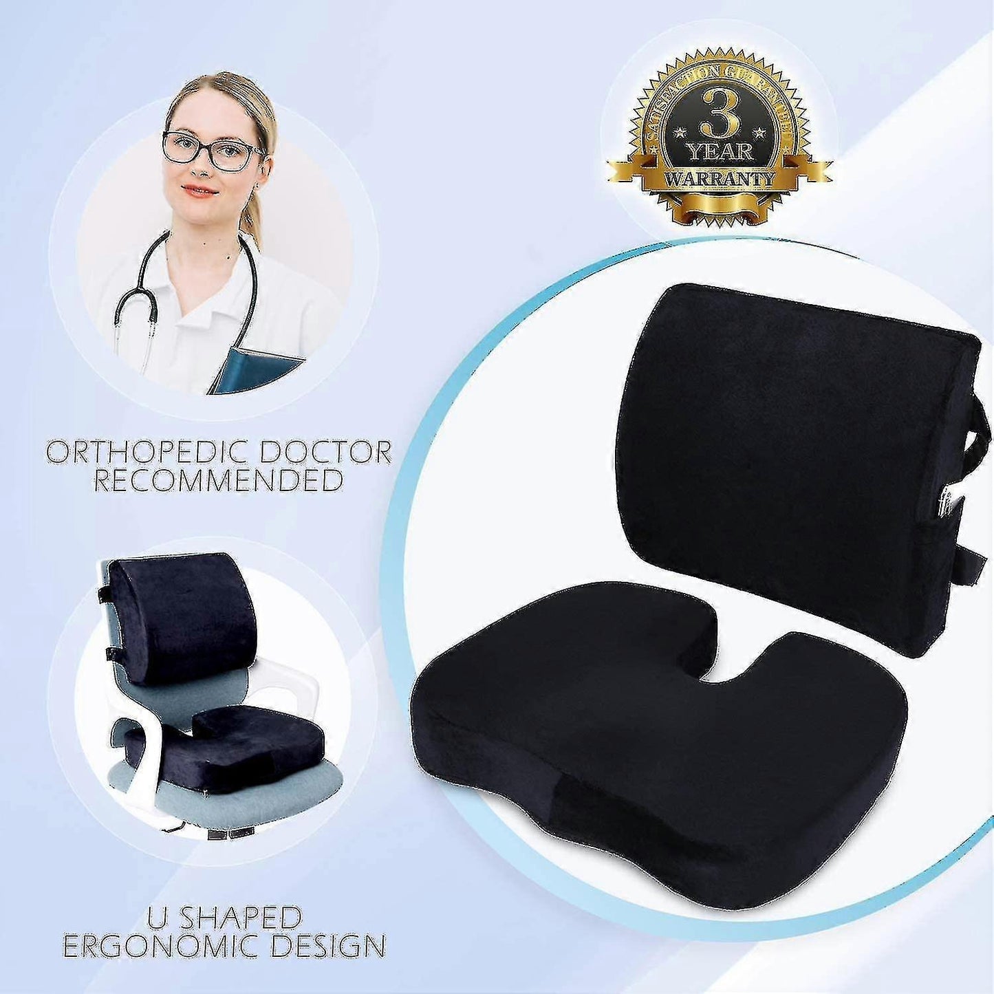 Memory Foam Seat & Back Cushion Set - Ergonomic Support for Car or Office Chairs V1263-JX-3595