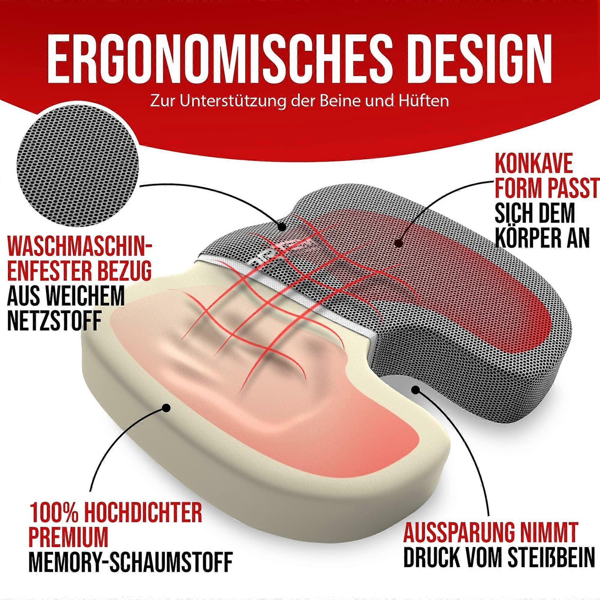 Orthopedic Seat Cushion - Memory Foam Lumbar Support for Office Chair & Car V1263-JX-3597