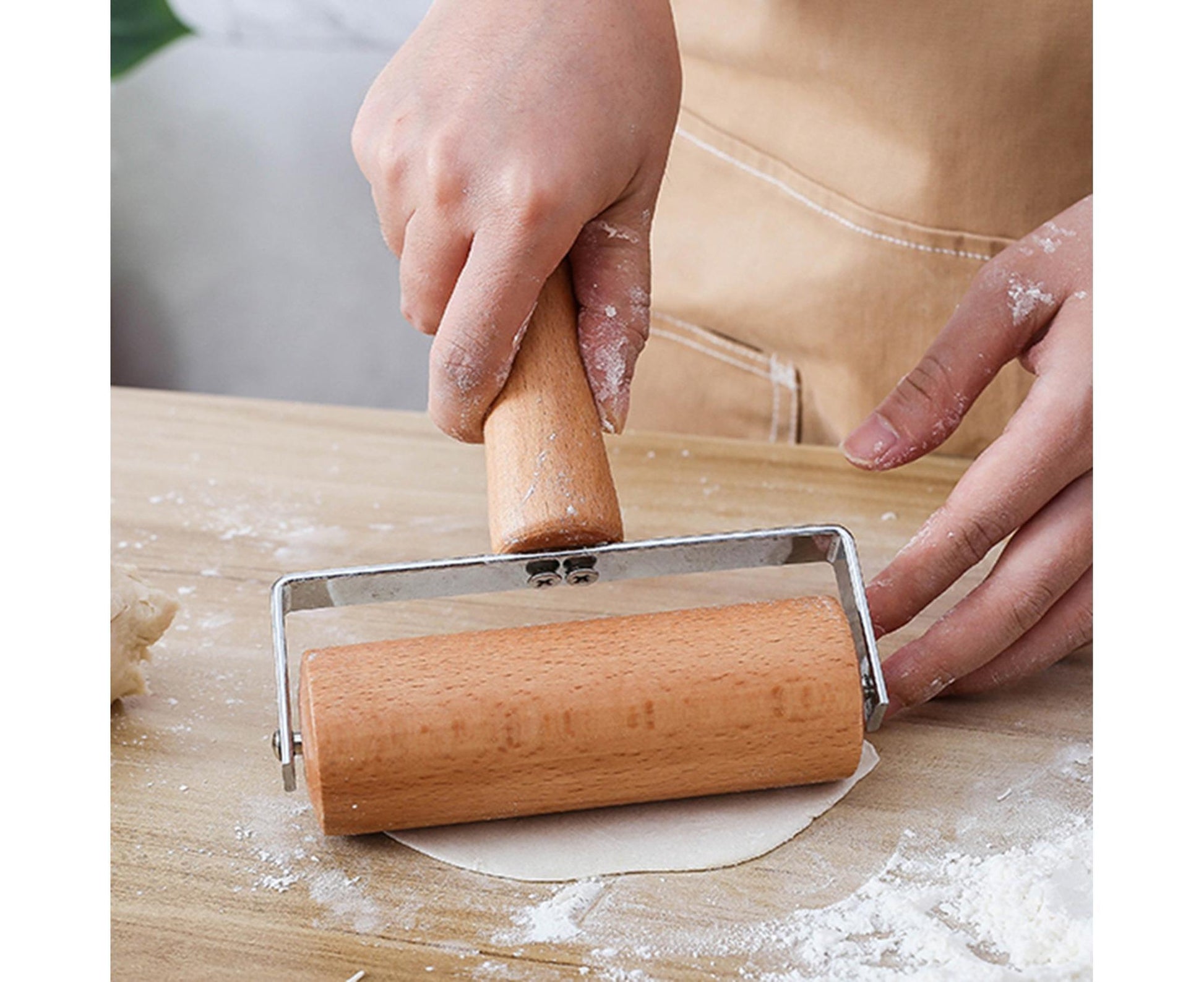 Rolling Pin Non-stick Wheel Design Wood Kitchen Rolling Pin for Dough Rolling-Wood Color V1263-JX-376