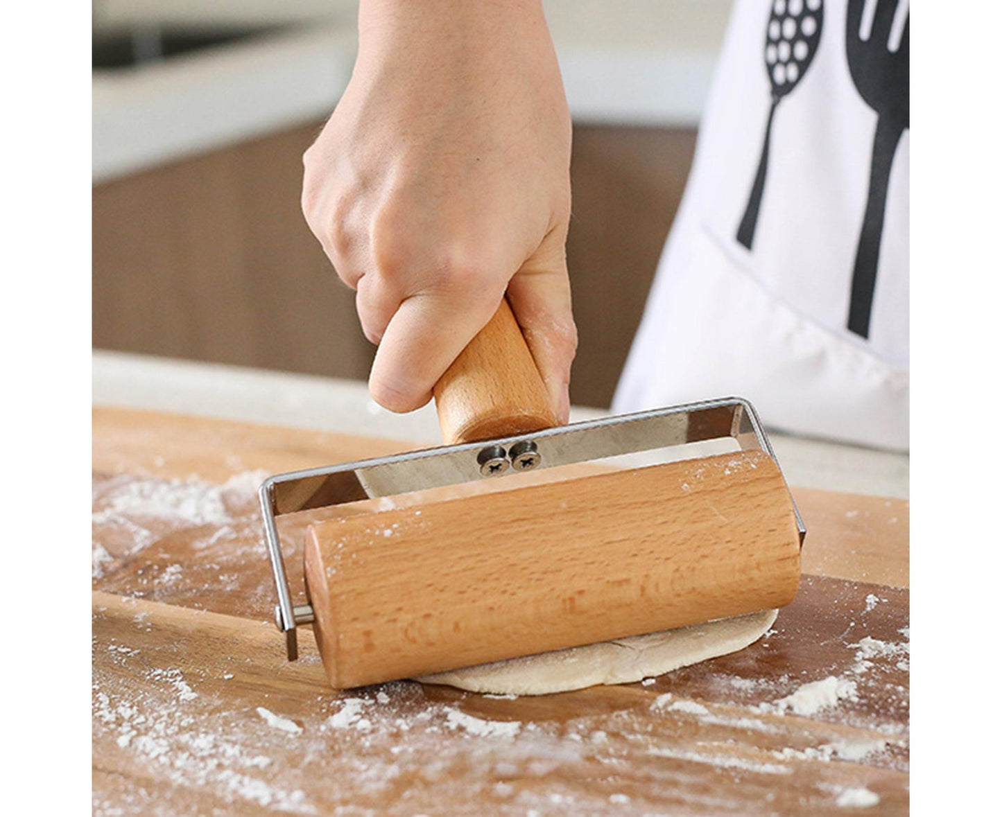 Rolling Pin Non-stick Wheel Design Wood Kitchen Rolling Pin for Dough Rolling-Wood Color V1263-JX-376