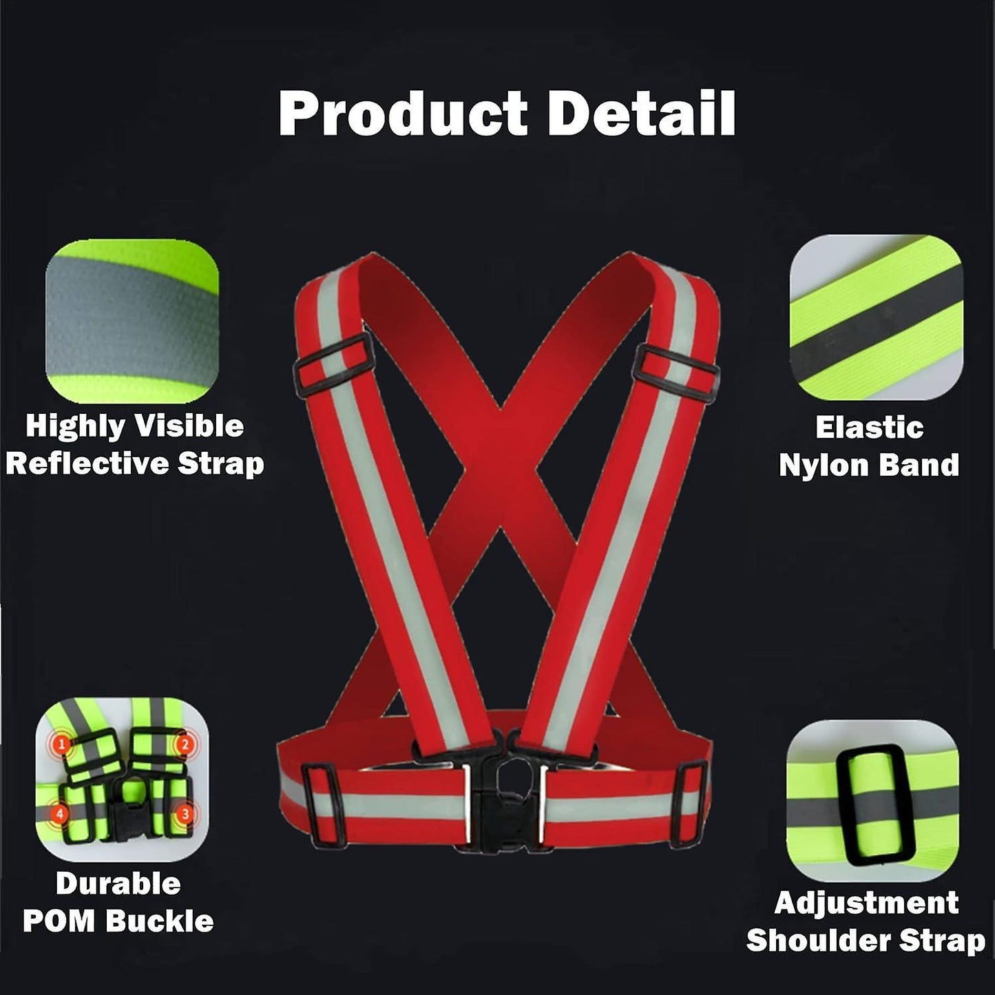 2 Pack Reflective Strap Vest Gear, High Visibility Adjustable Running Gear for Night, Red+Black V1263-JX-3847