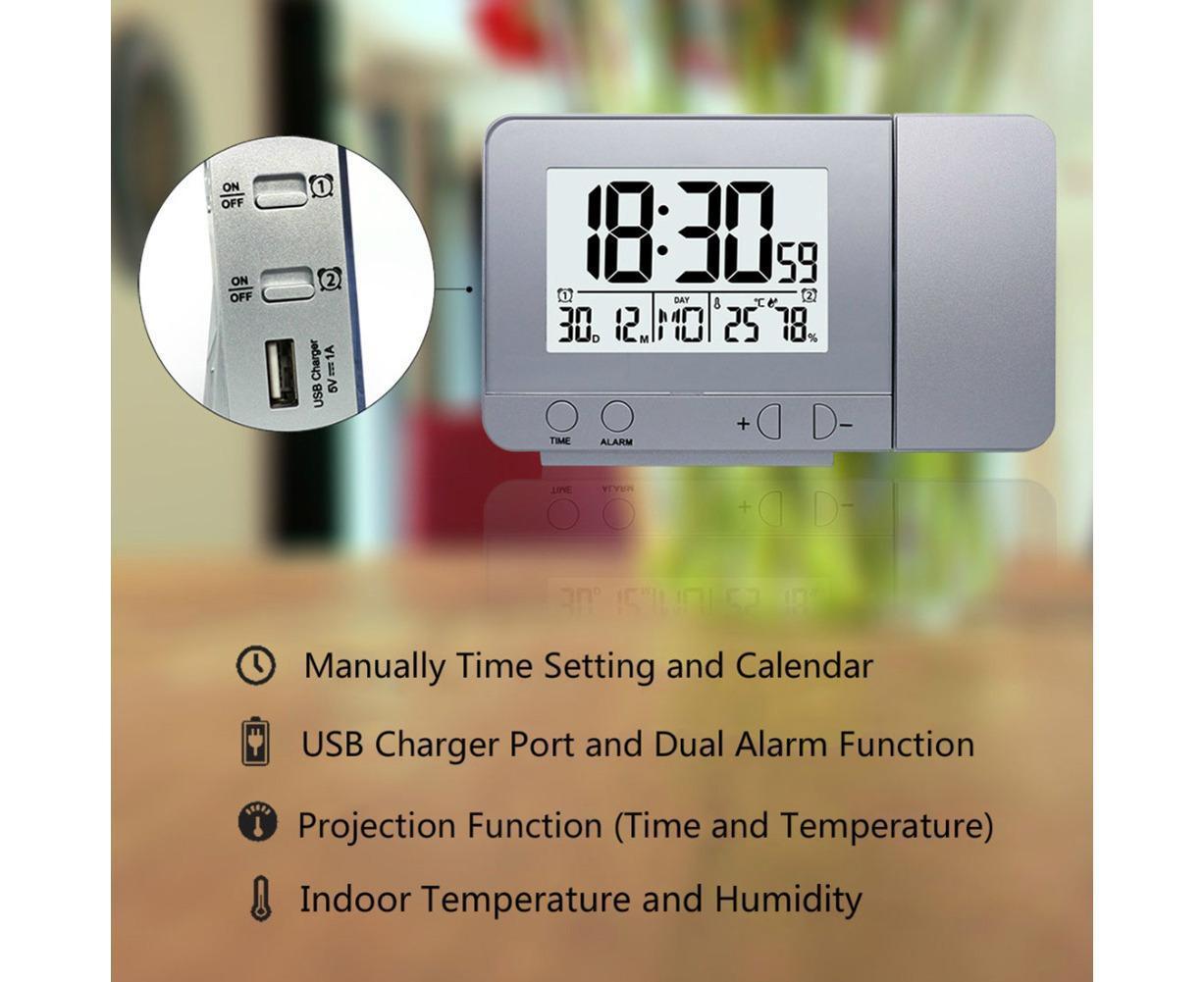 Desk Snooze LED Digital Backlight Date Function USB Charge Alarm Clock Projector-Silver - Silver V1263-JX-387