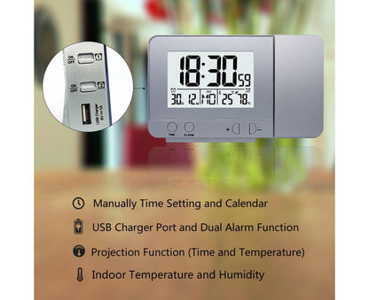 Desk Snooze LED Digital Backlight Date Function USB Charge Alarm Clock Projector-Silver - Silver V1263-JX-387