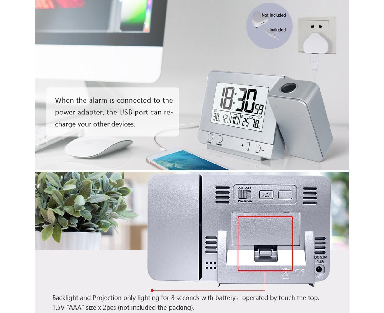 Desk Snooze LED Digital Backlight Date Function USB Charge Alarm Clock Projector-Silver - Silver V1263-JX-387