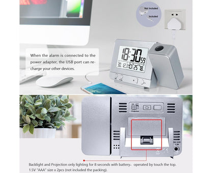 Desk Snooze LED Digital Backlight Date Function USB Charge Alarm Clock Projector-Silver - Silver V1263-JX-387