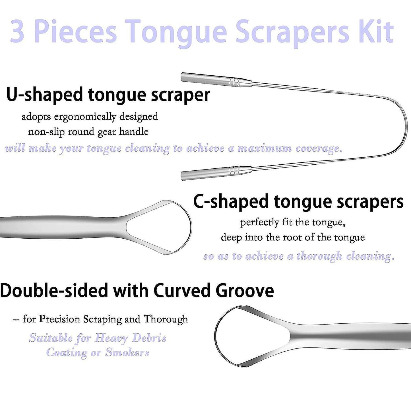 3 Pack Tongue Scrapers with Case, Stainless Steel Tongue Cleaner for Adults & Babies V1263-JX-3885