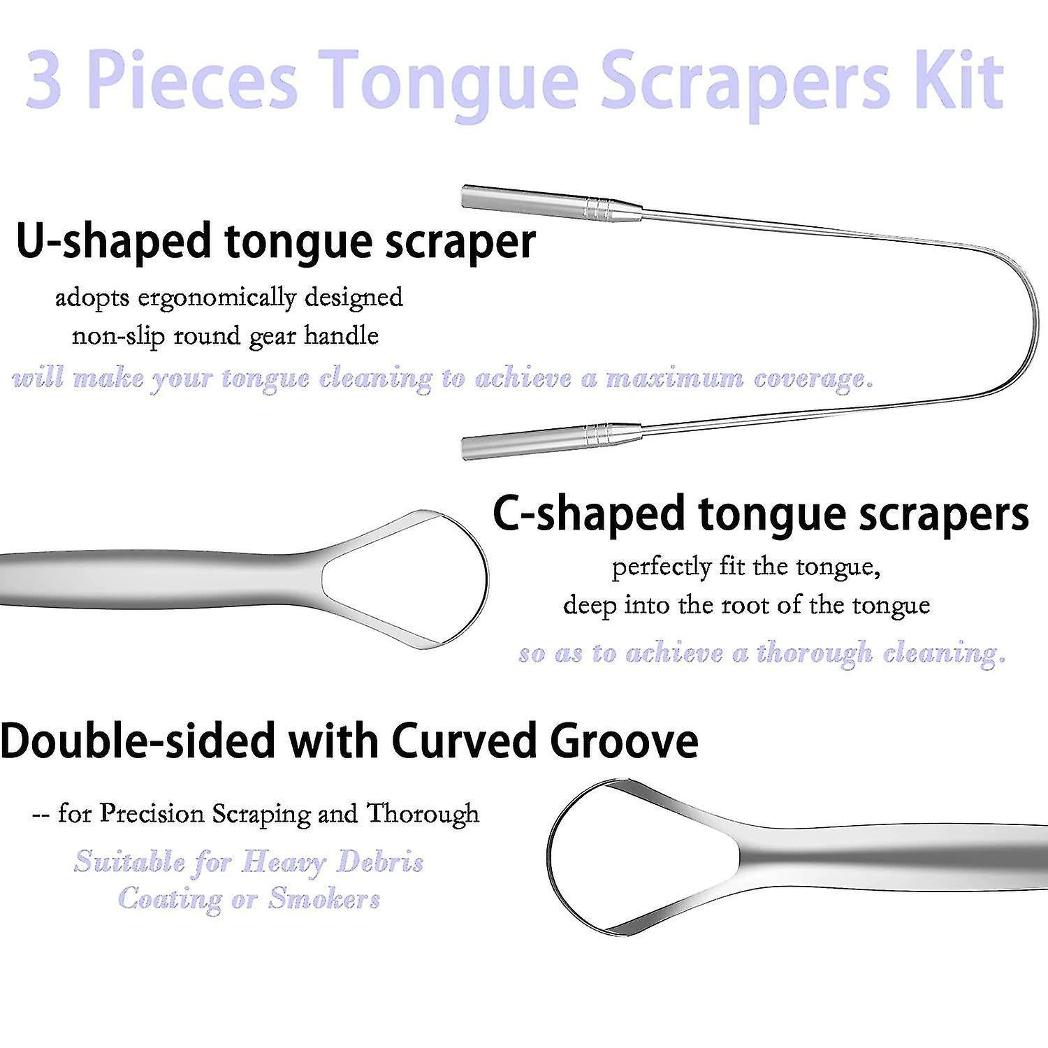 3 Pack Tongue Scrapers with Case, Stainless Steel Tongue Cleaner for Adults & Babies V1263-JX-3885