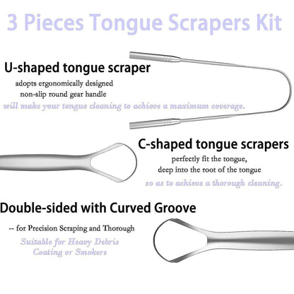 3 Pack Tongue Scrapers with Case, Stainless Steel Tongue Cleaner for Adults & Babies V1263-JX-3885