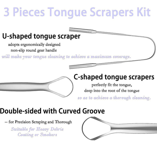 3 Pack Tongue Scrapers with Case, Stainless Steel Tongue Cleaner for Adults & Babies V1263-JX-3885