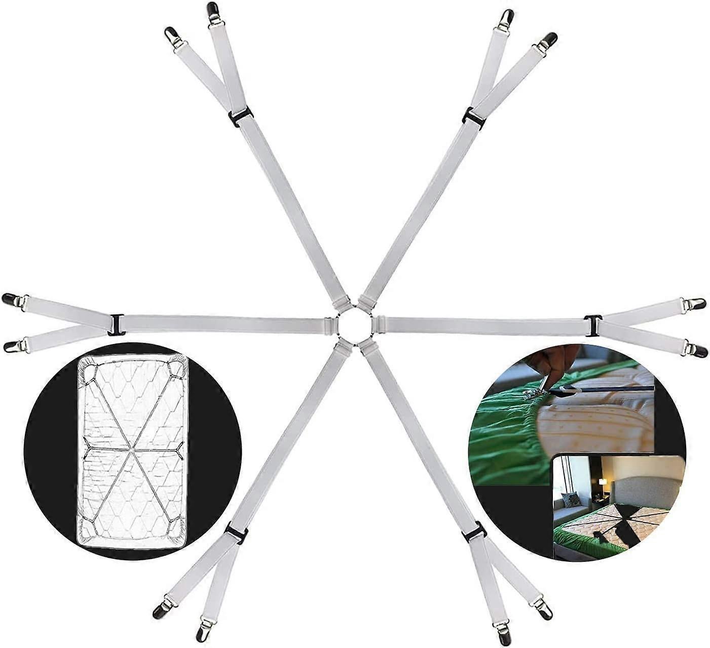 6-Way White Adjustable Bed Sheet Holder Straps, Fit Twin/Full/Queen/King V1263-JX-3923
