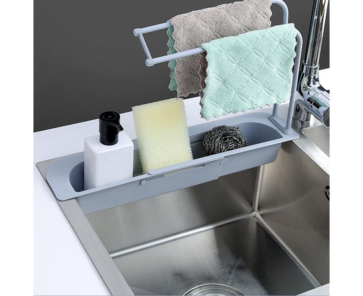 Home Kitchen Telescopic Sink Storage Tray Rack Holder Expandable Drain Basket-Blue V1263-JX-396