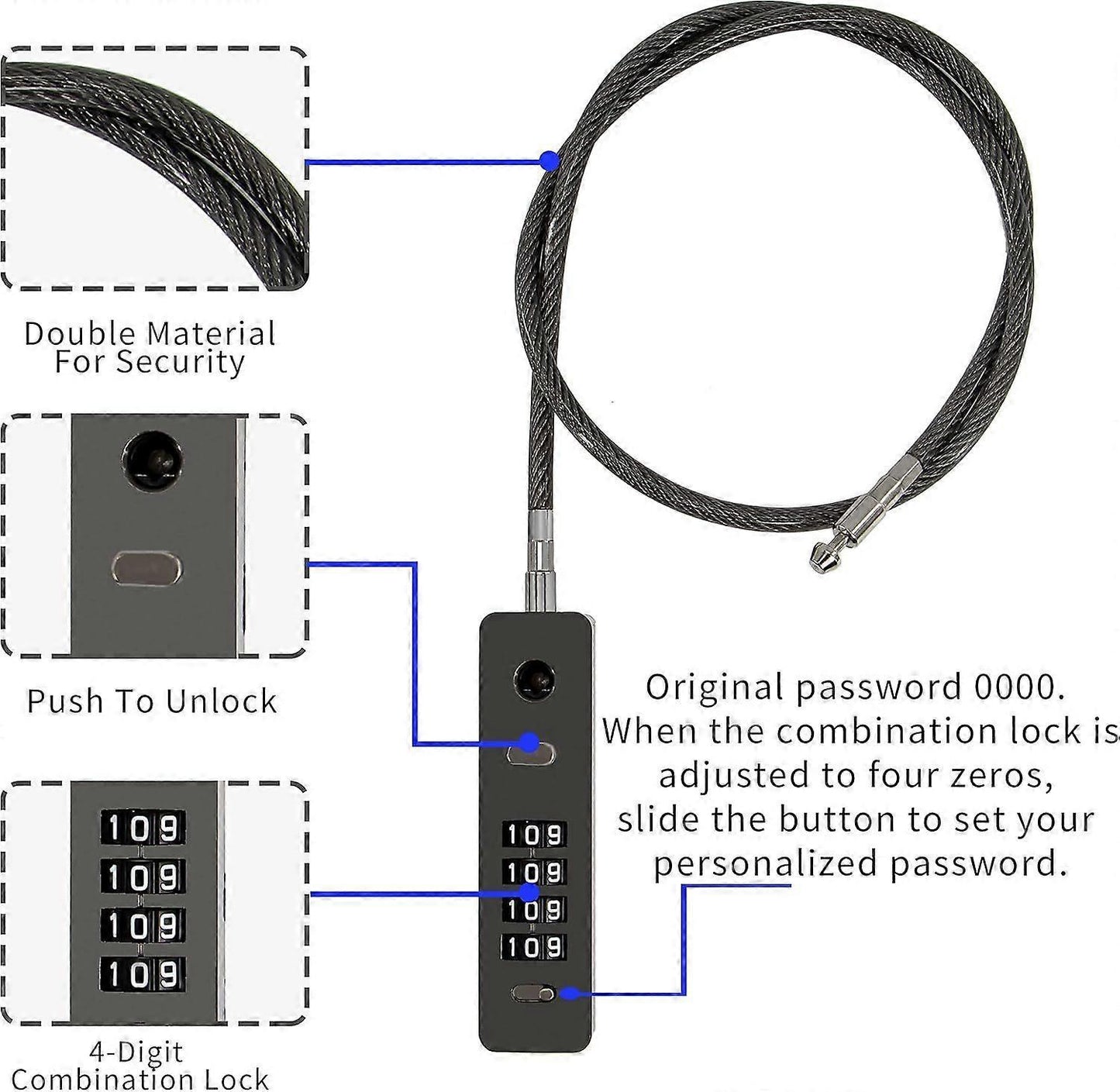 Steel Cable Combo Lock - Weatherproof Travel Luggage Security Lock V1263-JX-4074