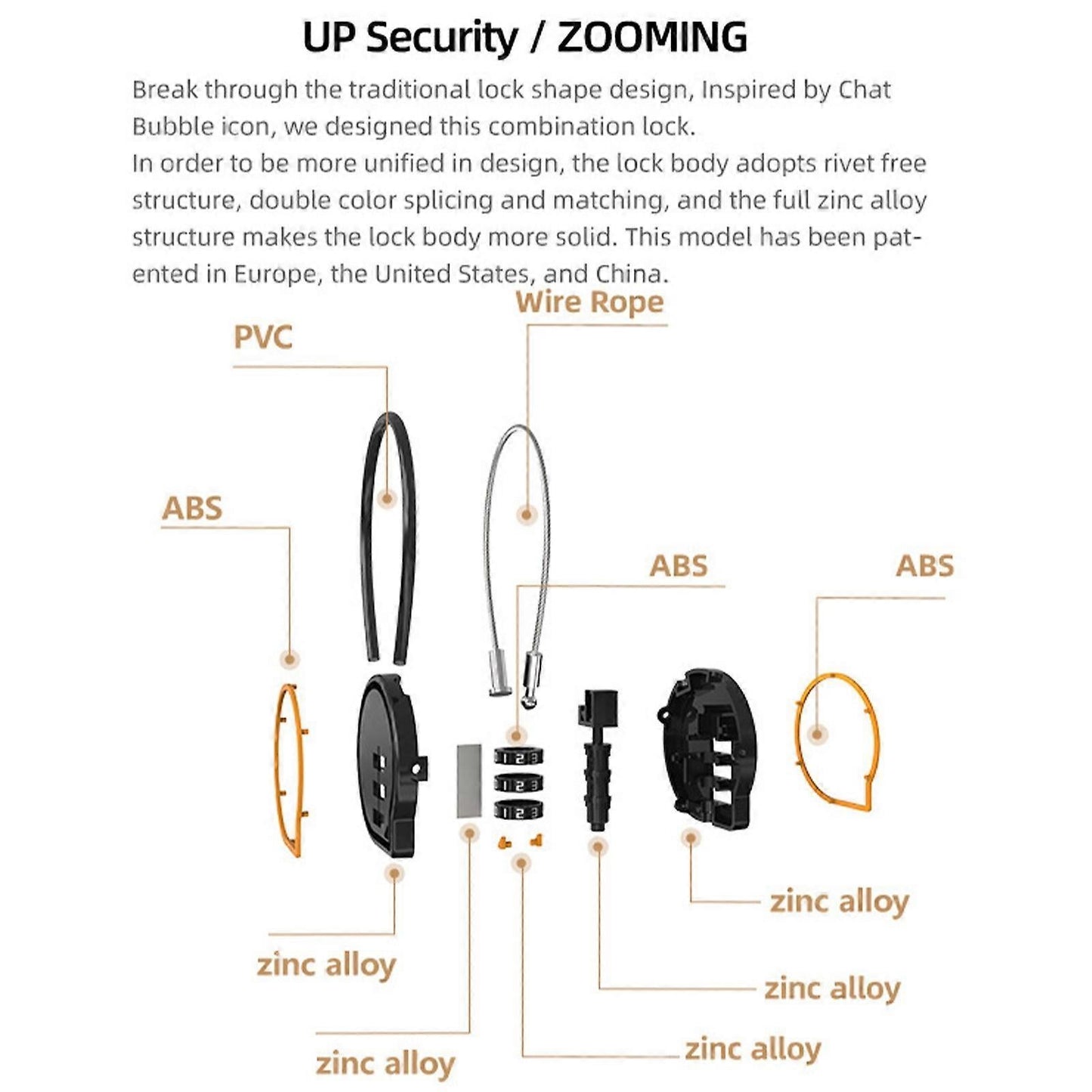 3-Digit Cable Lock - Anti-Theft Luggage Lock for Suitcase/Backpack (White) V1263-JX-4089