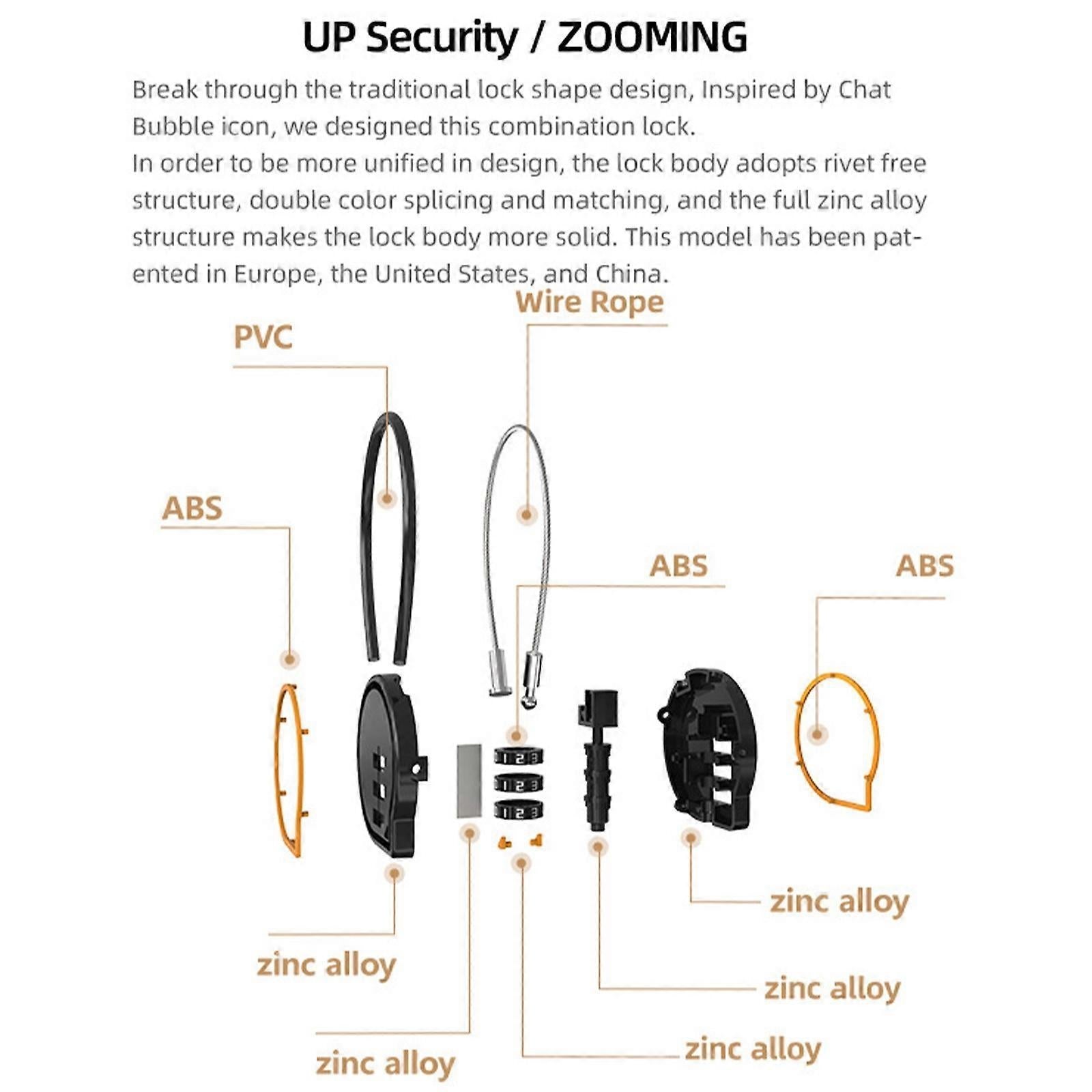 3-Digit Cable Lock - Anti-Theft Luggage Lock for Suitcase/Backpack (White) V1263-JX-4089