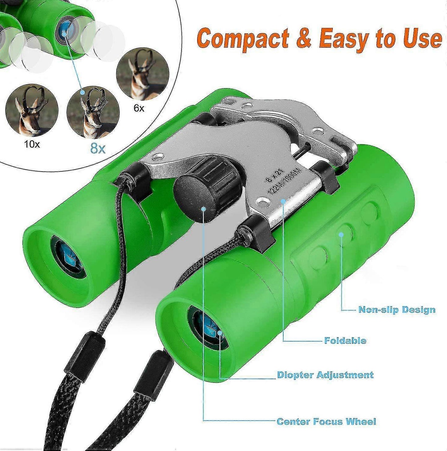 8x24 Waterproof Binoculars for Babies High Magnification Compact Green V1263-JX-4159