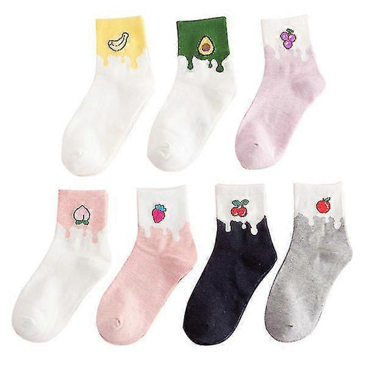 7 Pairs Girls Cotton Anti-Slip Tube Socks Banana Avocado Novelty Pattern V1263-JX-4186