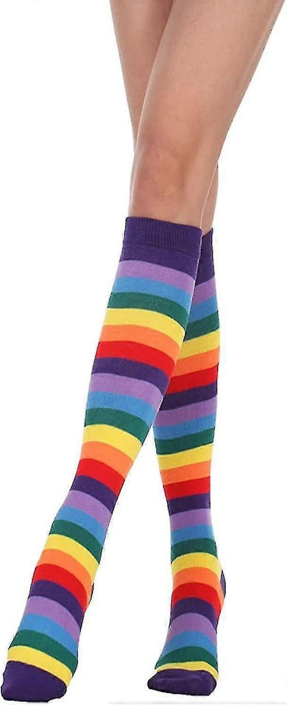 Rainbow Long Tube Socks Colorful Striped High Knee Socks for Women V1263-JX-4199