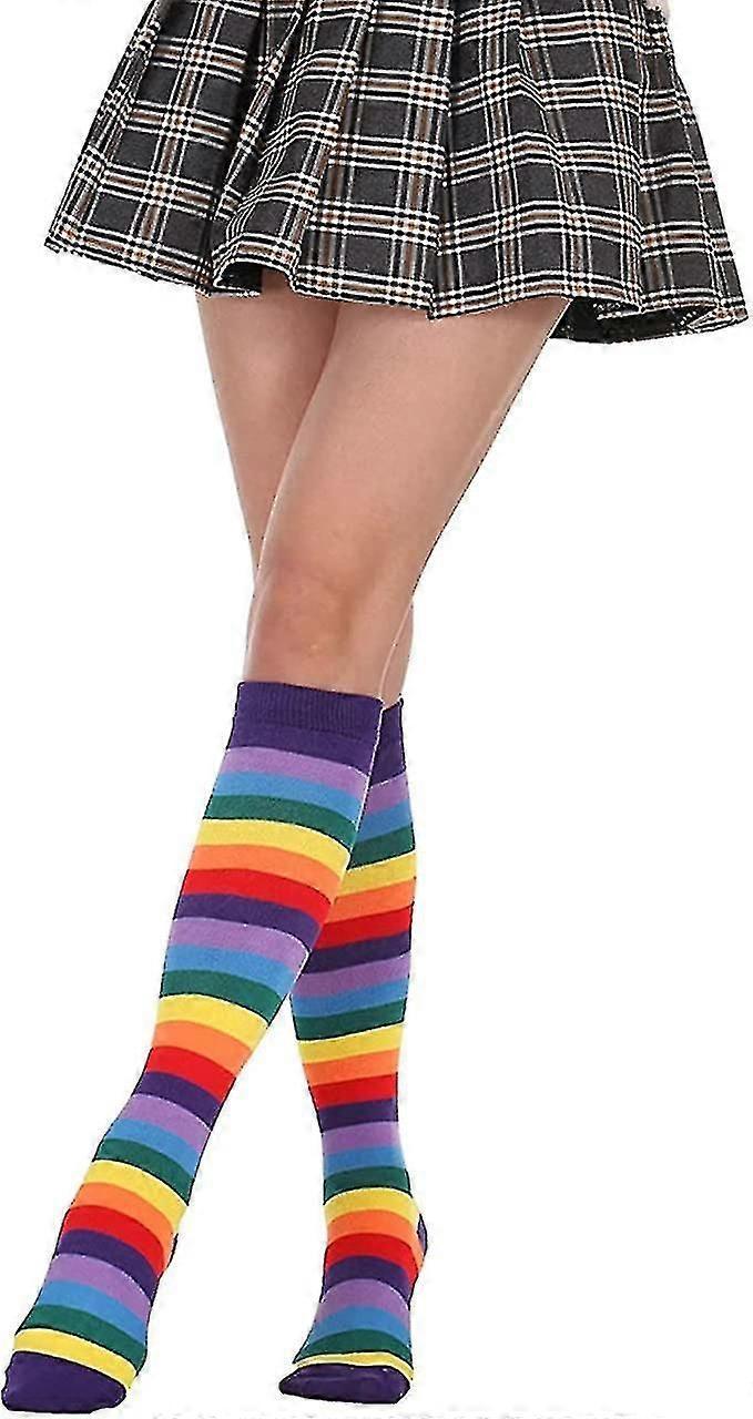 Rainbow Long Tube Socks Colorful Striped High Knee Socks for Women V1263-JX-4199