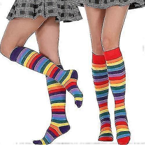 Rainbow Long Tube Socks Colorful Striped High Knee Socks for Women V1263-JX-4199