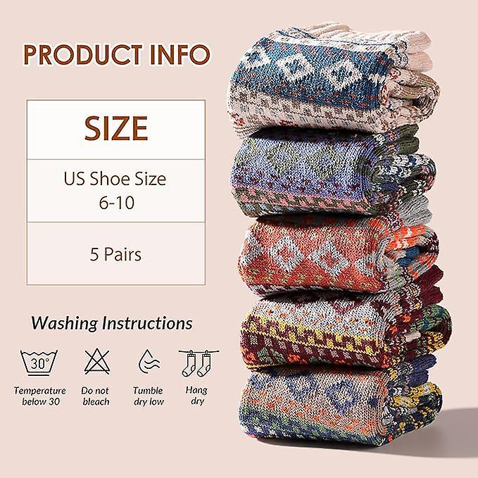 5 Pairs Wool Socks for Women Boot Crew Cozy Soft Warm Winter Socks V1263-JX-4204