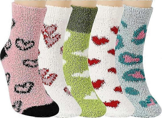 5 Pairs Fluffy Coral Fleece Socks Women's Slipper Socks Love Pattern V1263-JX-4209