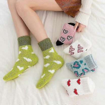 5 Pairs Fluffy Coral Fleece Socks Women's Slipper Socks Love Pattern V1263-JX-4209