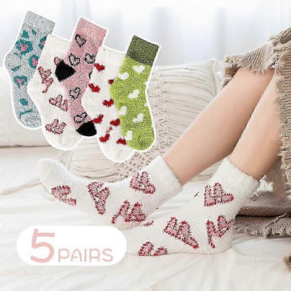 5 Pairs Fluffy Coral Fleece Socks Women's Slipper Socks Love Pattern V1263-JX-4209